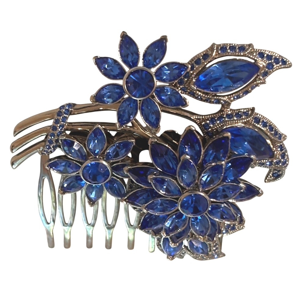Margaret Rowe Czech Blue Crystal Floral Hair Comb Silver Tone Vintage